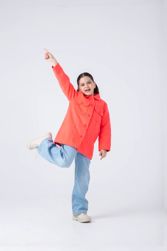 Girls Bold Coral Felt Coat