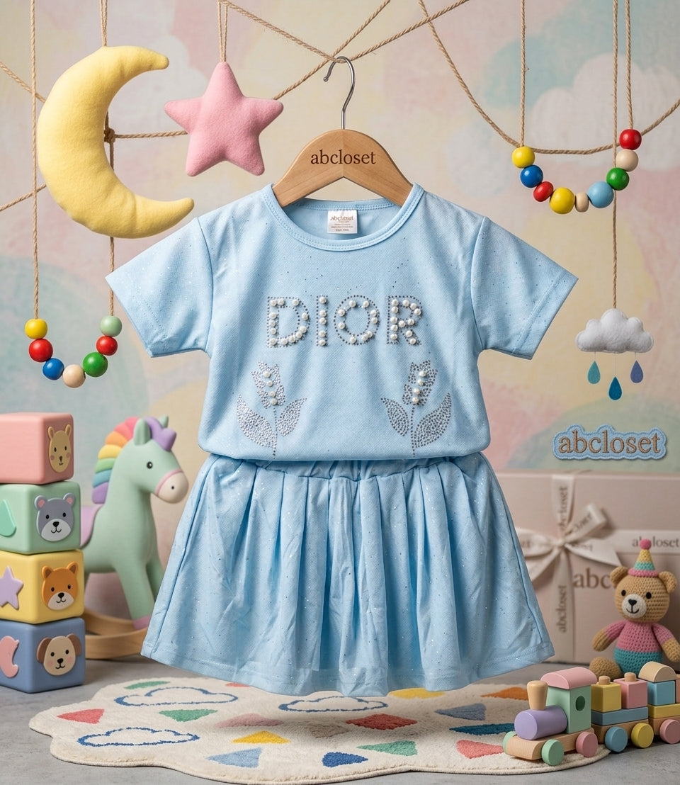 Elegant Pearl Top & Pleated Skirt Set